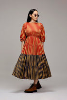 Tan-Brown Red & Blue Striped Tiered Dress - CiceroniDressesMATI