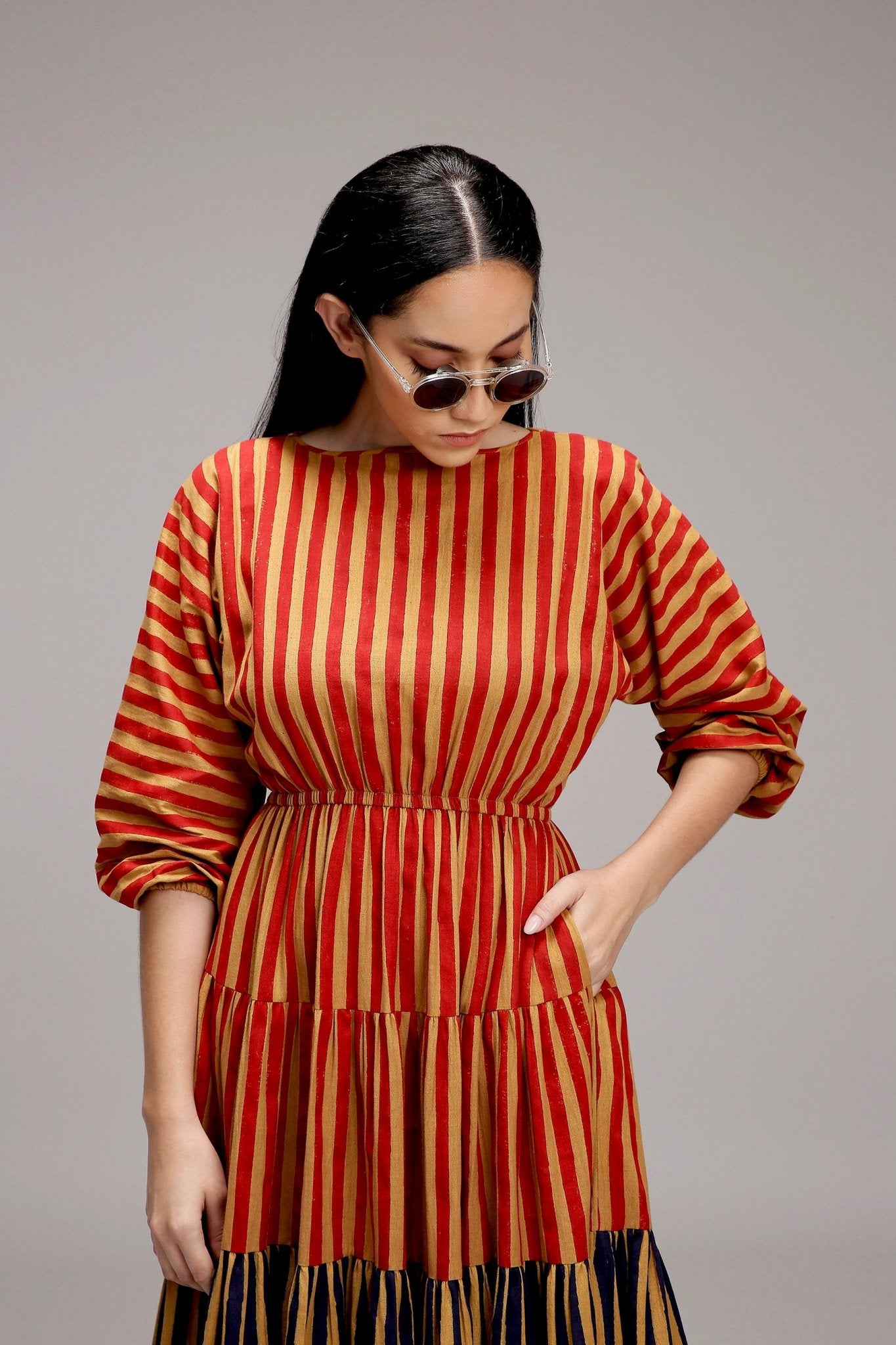 Tan-Brown Red & Blue Striped Tiered Dress - CiceroniDressesMATI
