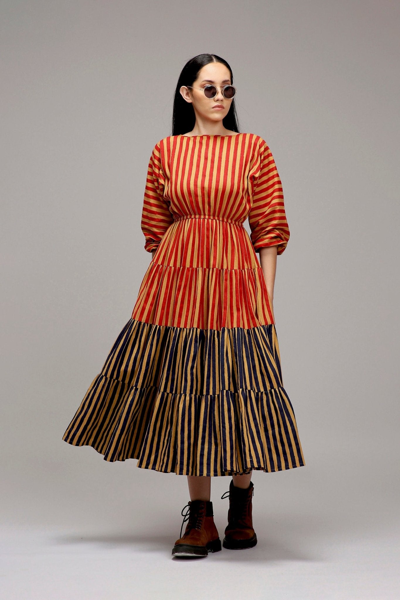 Tan-Brown Red & Blue Striped Tiered Dress - CiceroniDressesMATI