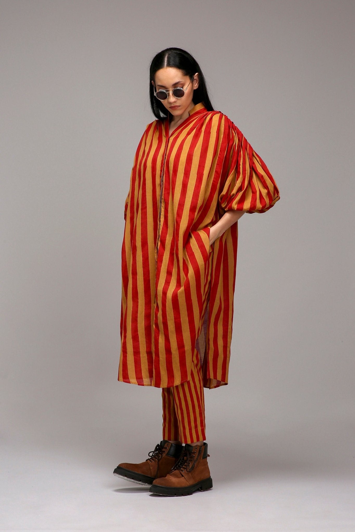 Tan-Brown Red Striped Baha Tunic Set (2 PCS) - CiceroniKurta Set, Everyday WearMATI