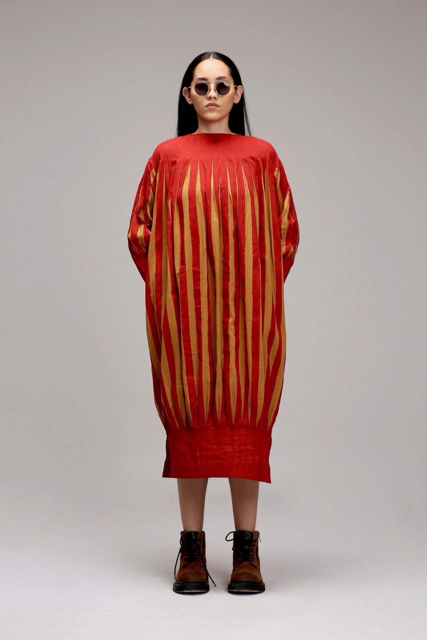 Tan-Brown Red Striped Balloon Dress - CiceroniDressesMATI