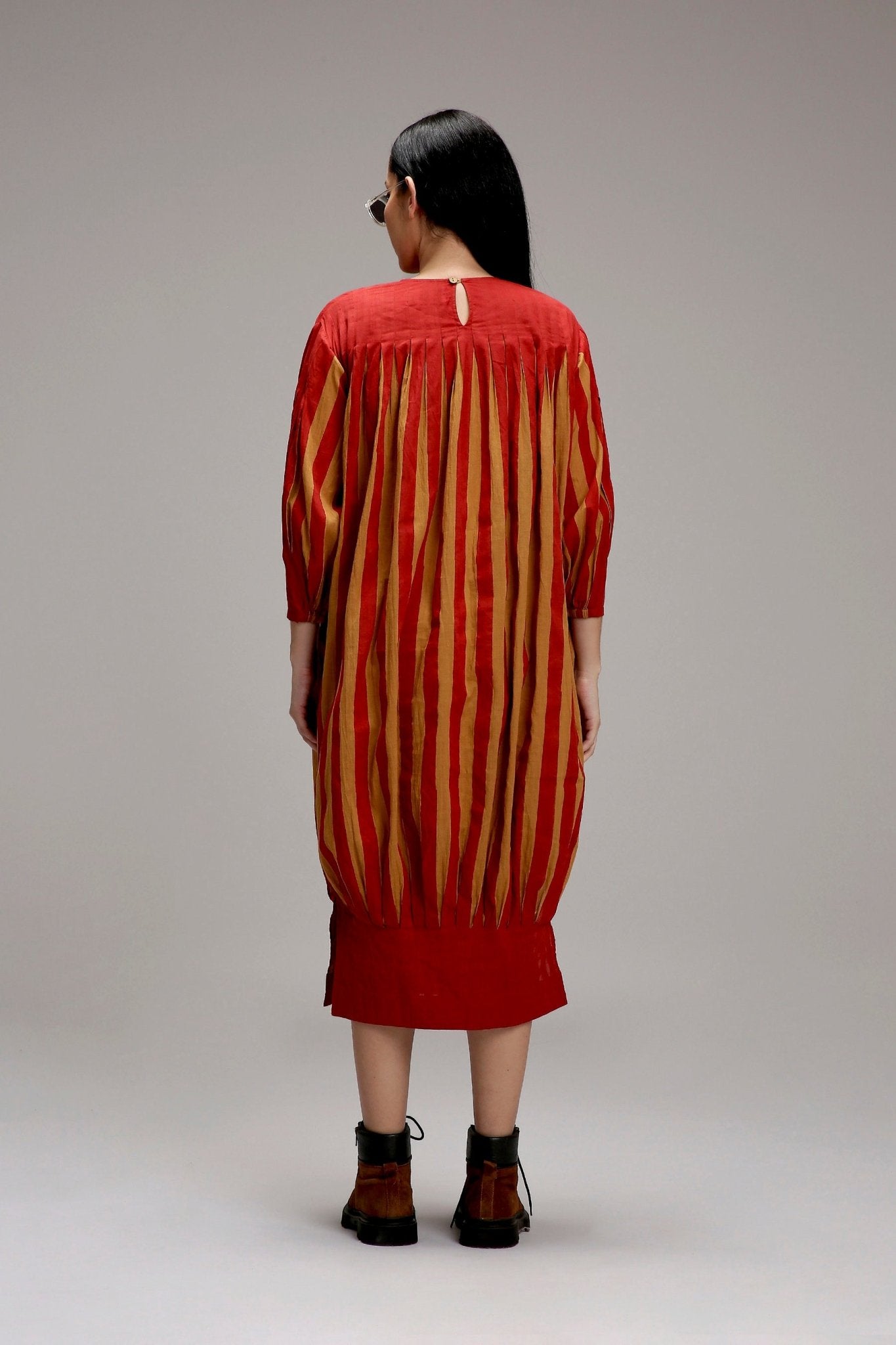 Tan-Brown Red Striped Balloon Dress - CiceroniDressesMATI