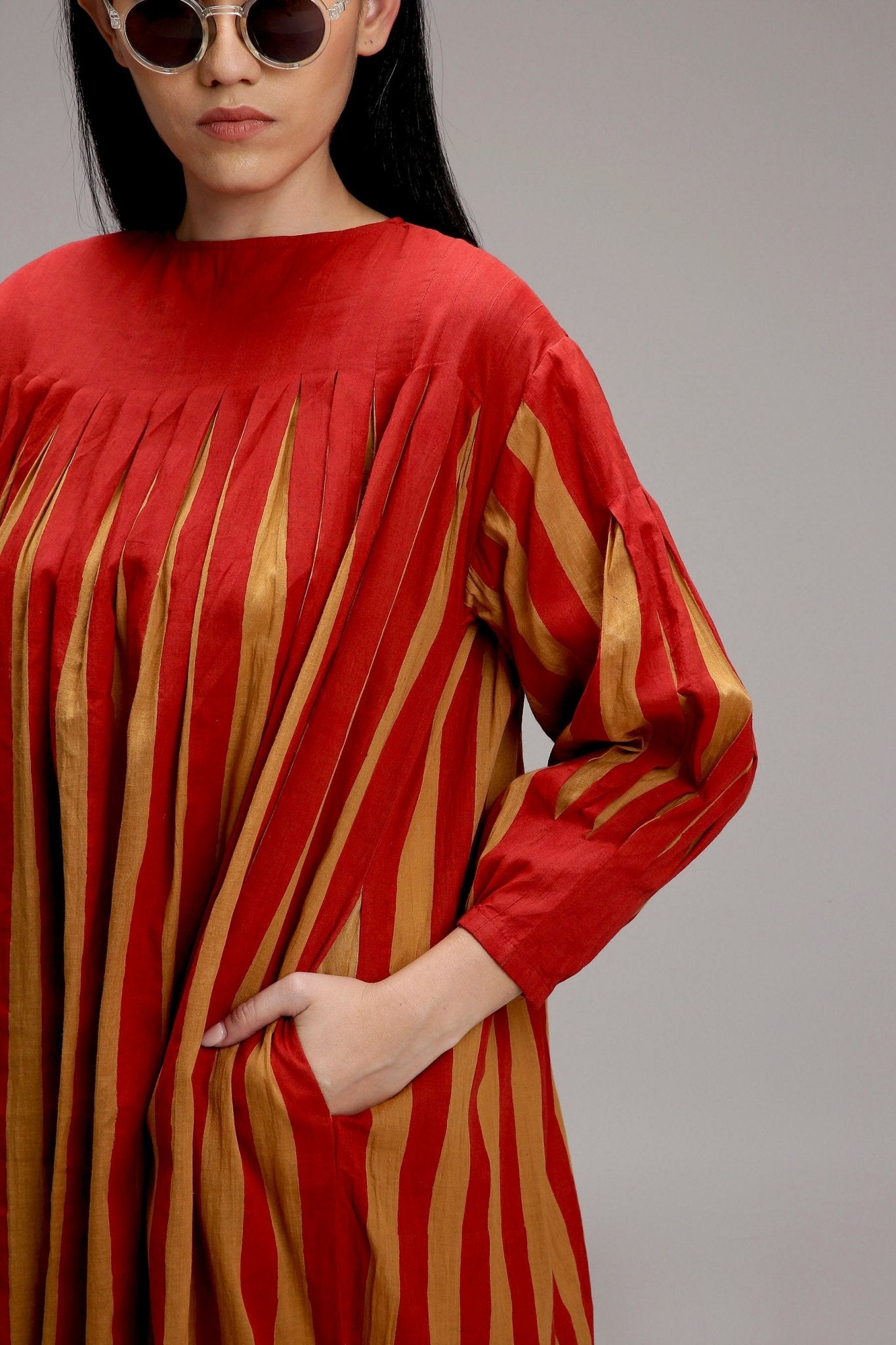 Tan-Brown Red Striped Balloon Dress - CiceroniDressesMATI