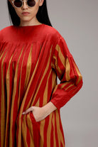 Tan-Brown Red Striped Balloon Dress - CiceroniDressesMATI