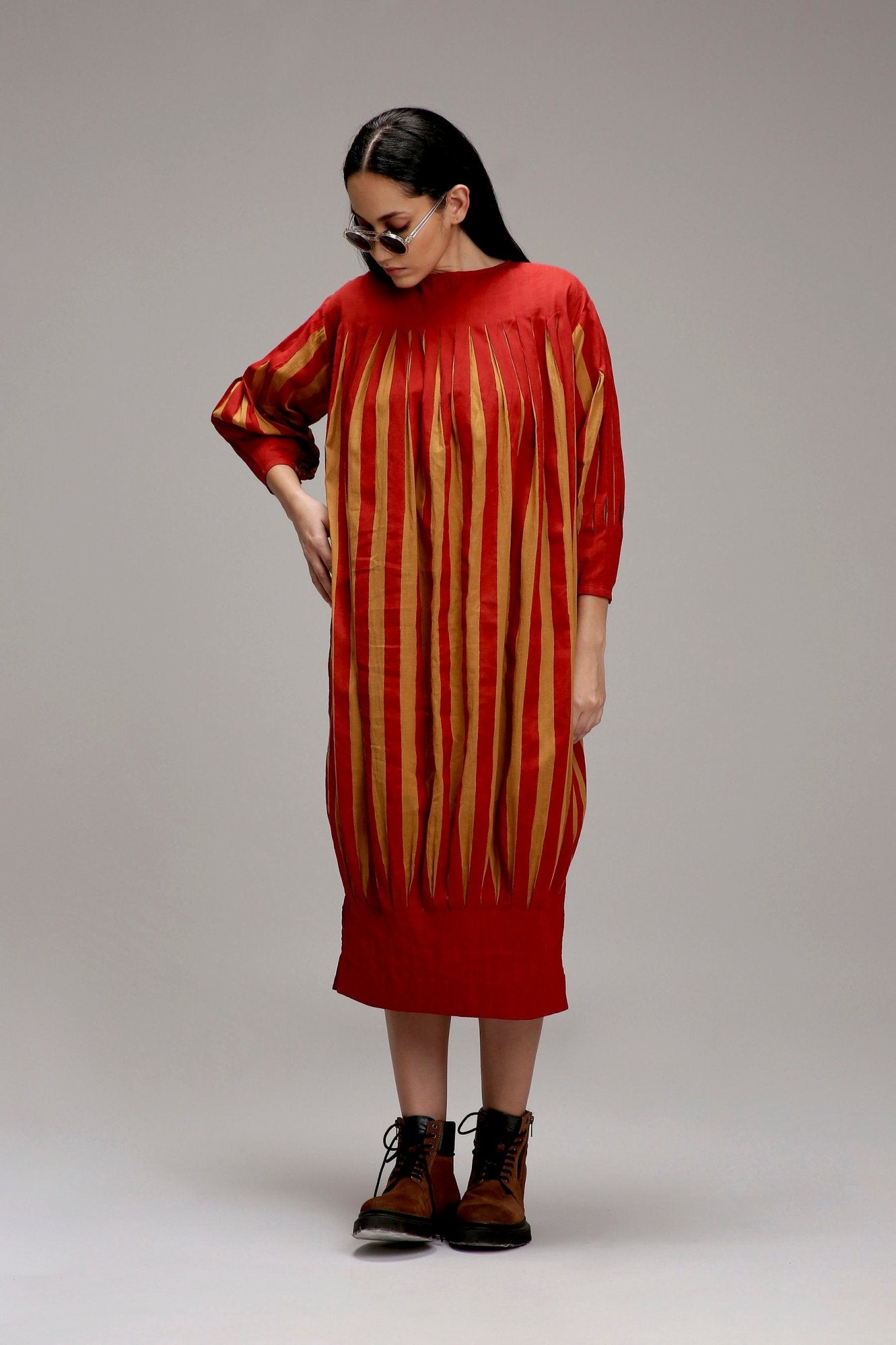Tan-Brown Red Striped Balloon Dress - CiceroniDressesMATI