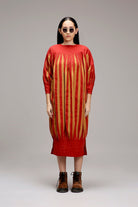 Tan-Brown Red Striped Balloon Dress - CiceroniDressesMATI