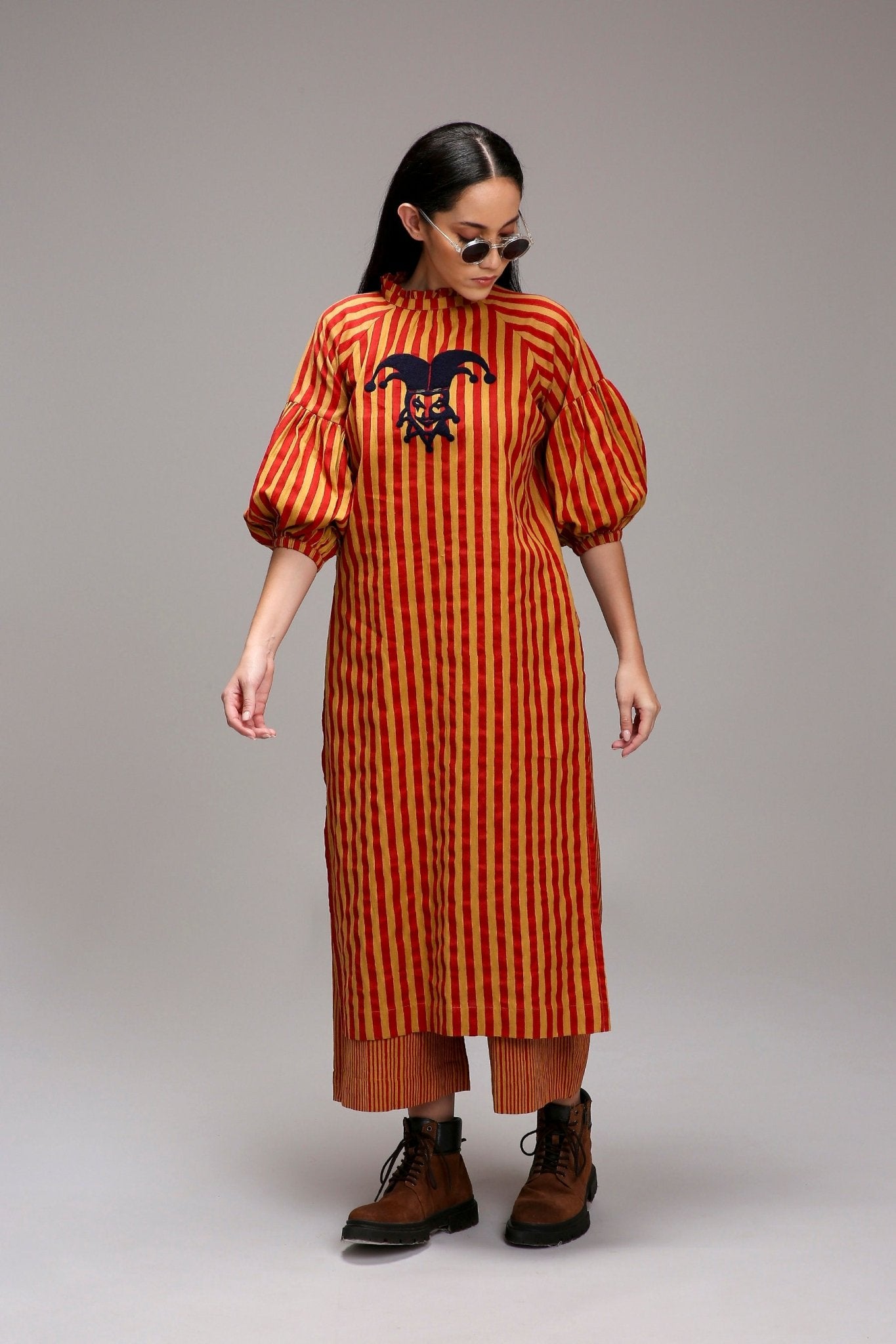Tan-Brown Red Striped Big Joker Tunic Set (2 PCS) - CiceroniKurta Set, Everyday WearMATI