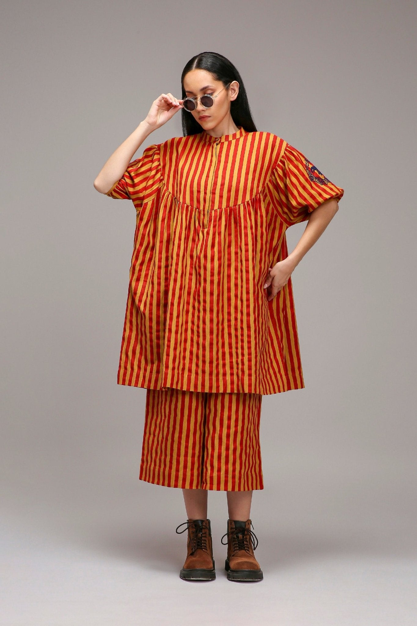 Tan-Brown Red Striped Short Acra Tunic Set (2 PCS) - CiceroniKurta Set, Everyday WearMATI