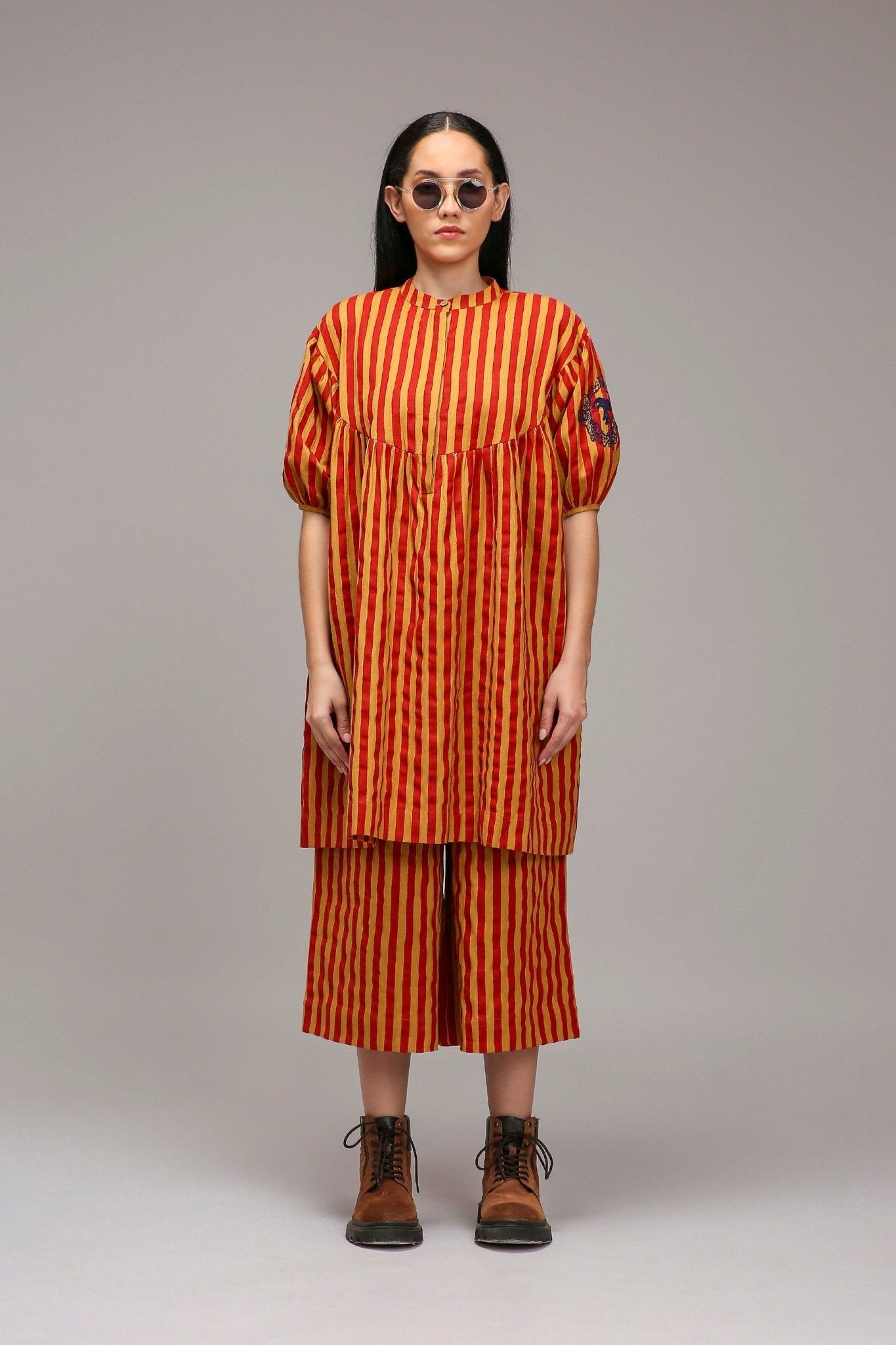 Tan-Brown Red Striped Short Acra Tunic Set (2 PCS) - CiceroniKurta Set, Everyday WearMATI