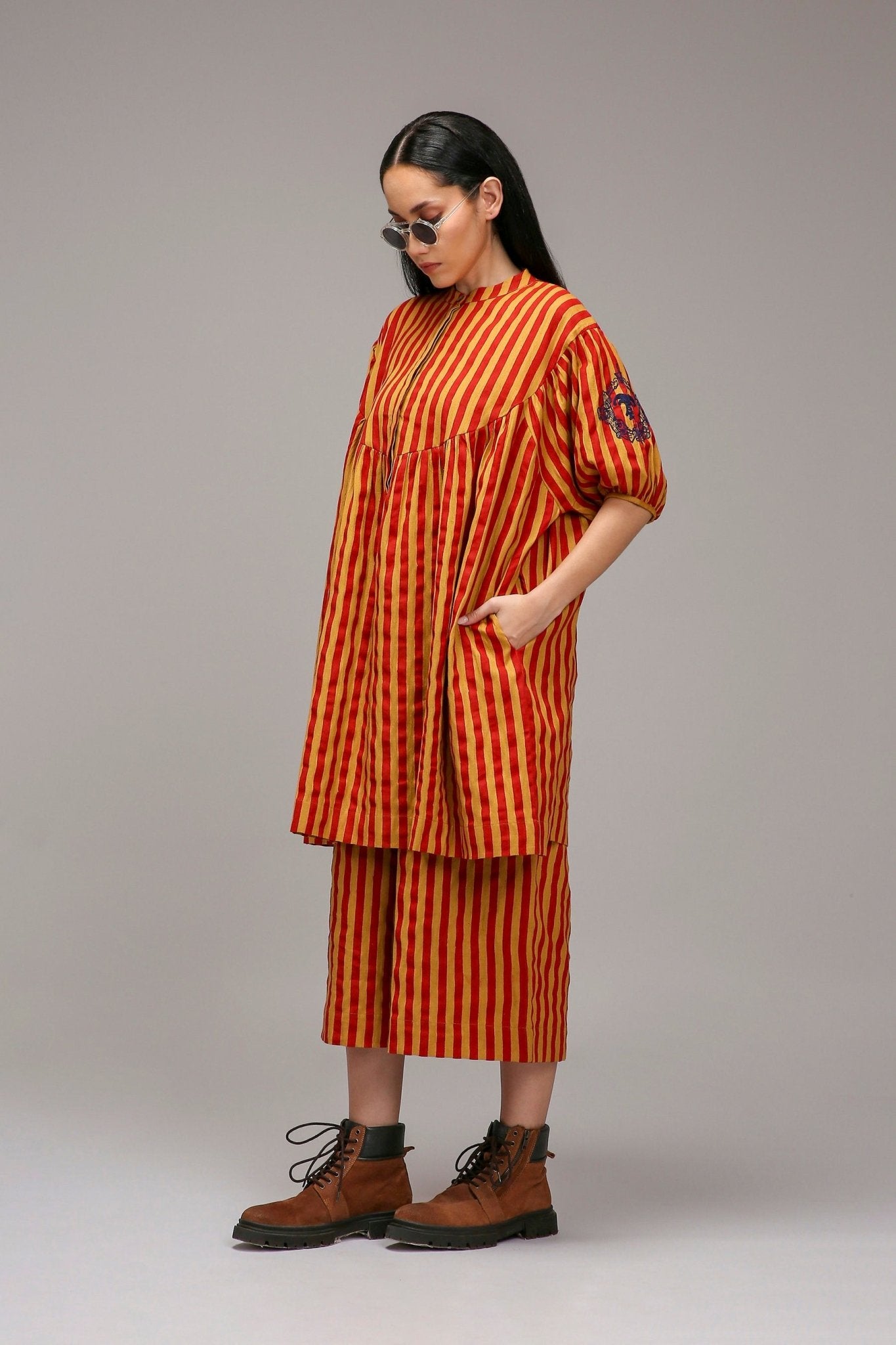 Tan-Brown Red Striped Short Acra Tunic Set (2 PCS) - CiceroniKurta Set, Everyday WearMATI