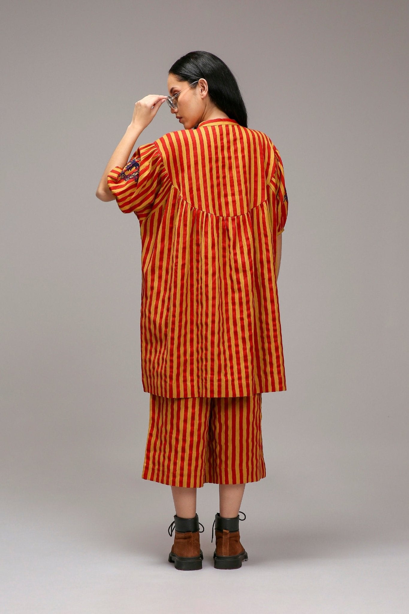 Tan-Brown Red Striped Short Acra Tunic Set (2 PCS) - CiceroniKurta Set, Everyday WearMATI