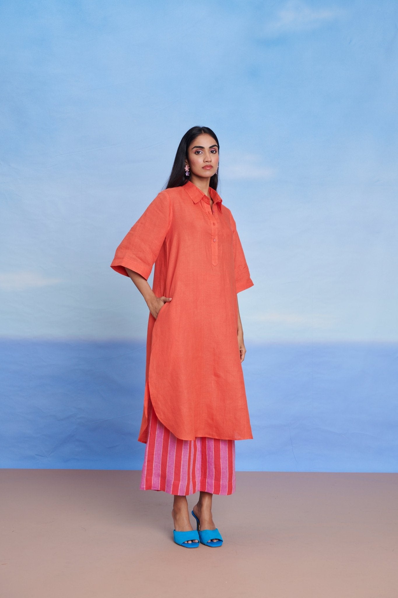 Tangerine Amalfi Linen Women's Shirt Kurta Set - CiceroniKurta SetSaphed