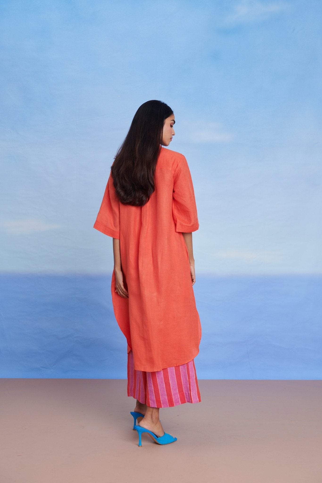 Tangerine Amalfi Linen Women's Shirt Kurta Set - CiceroniKurta SetSaphed