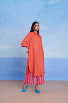 Tangerine Amalfi Linen Women's Shirt Kurta Set - CiceroniKurta SetSaphed