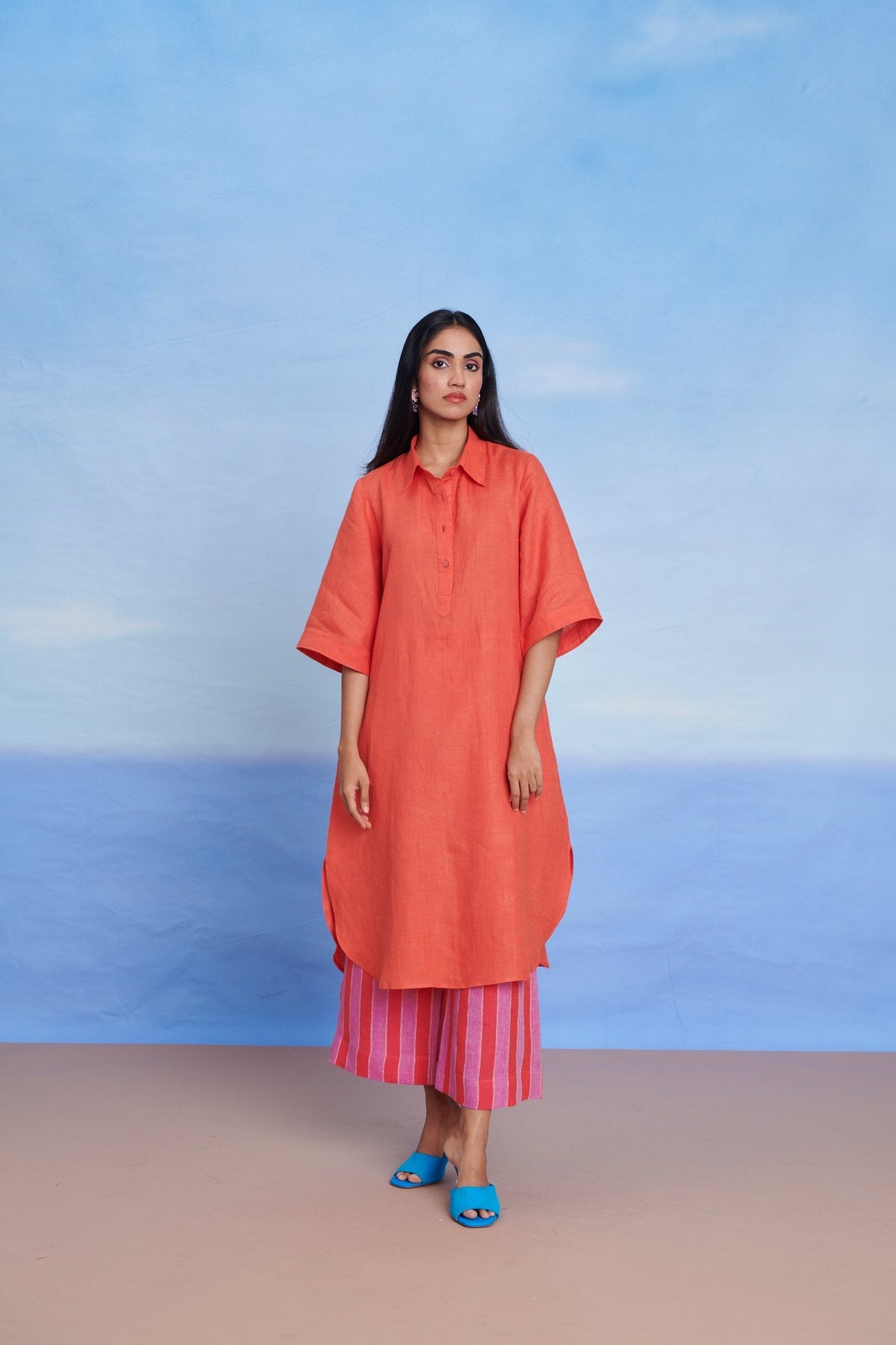 Tangerine Amalfi Linen Women's Shirt Kurta Set - CiceroniKurta SetSaphed