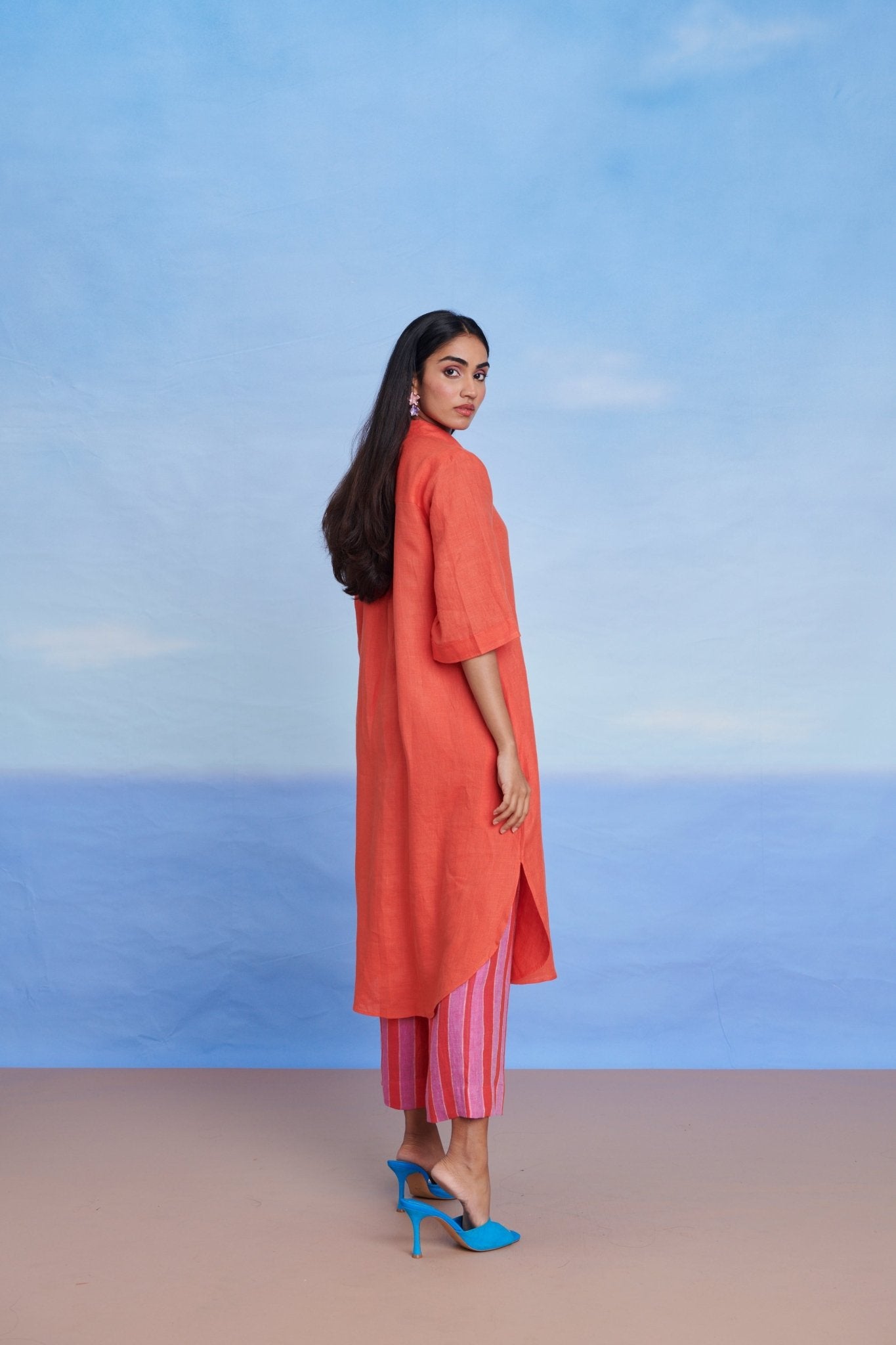 Tangerine Amalfi Linen Women's Shirt Kurta Set - CiceroniKurta SetSaphed