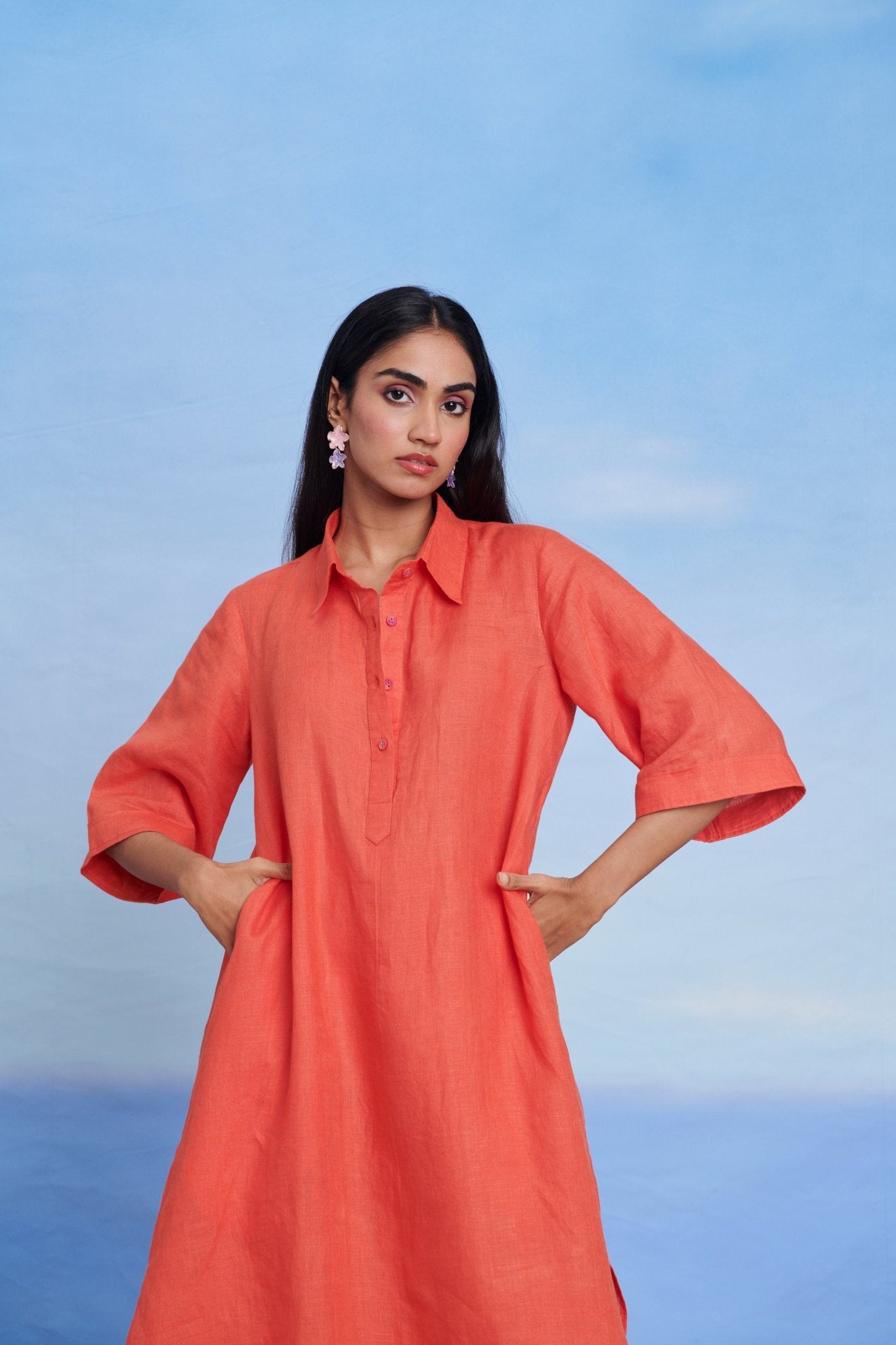 Tangerine Amalfi Linen Women's Shirt Kurta Set - CiceroniKurta SetSaphed