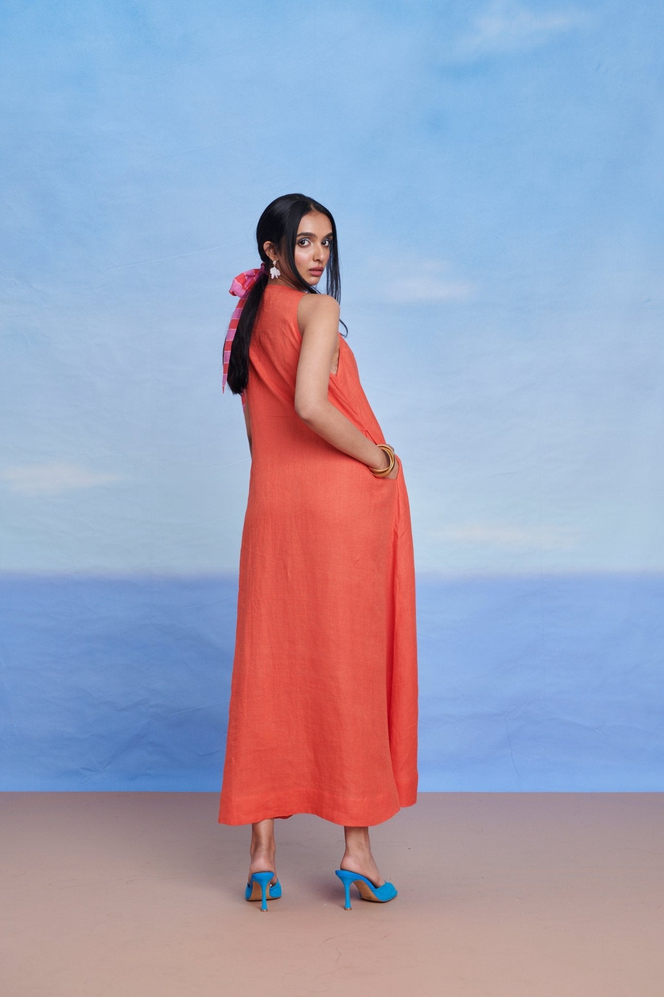 Tangerine Linen Flared Dress - CiceroniDressesSaphed
