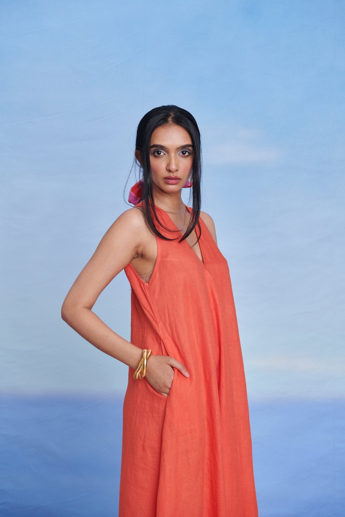 Tangerine Linen Flared Dress - CiceroniDressesSaphed