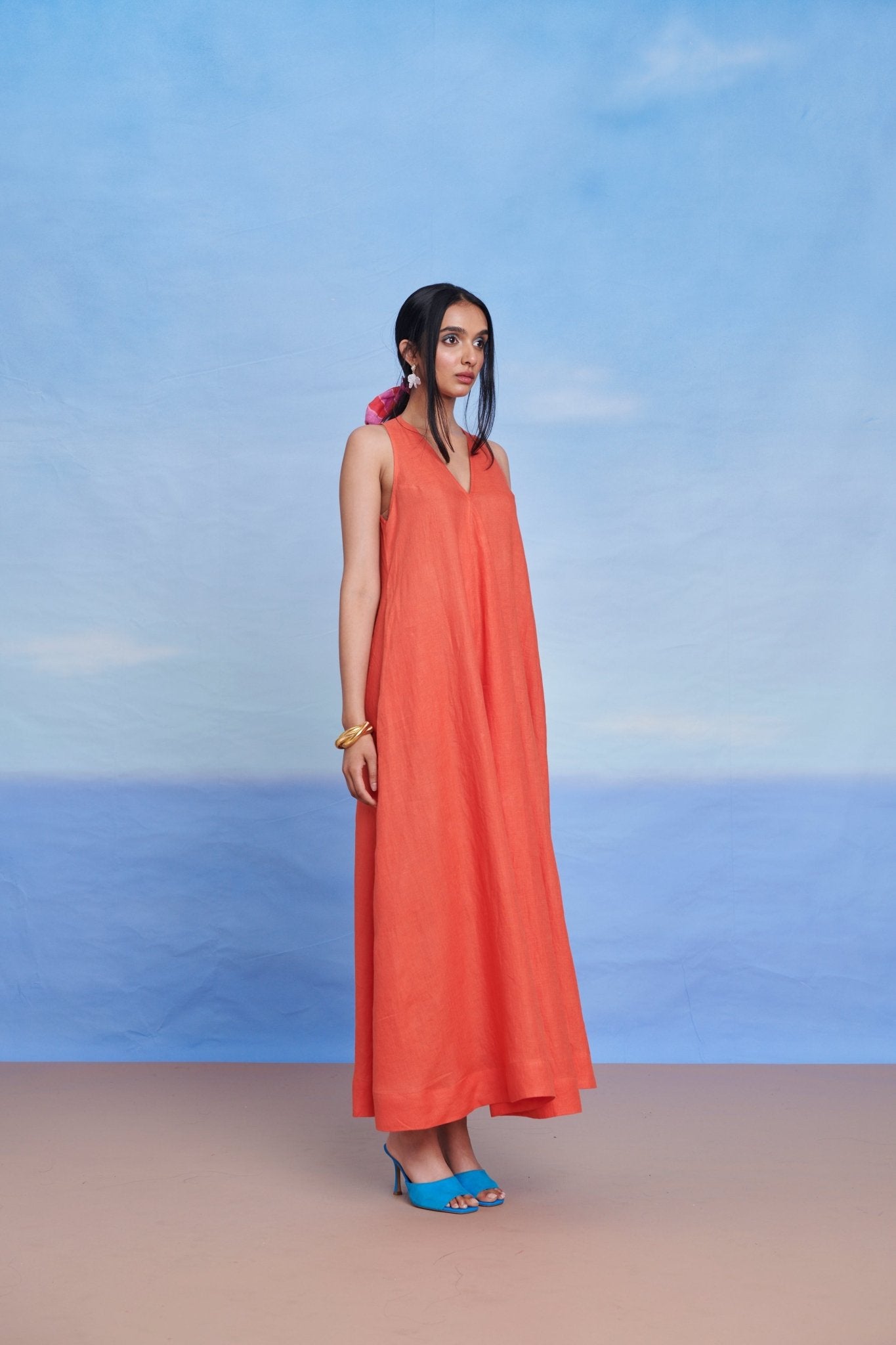 Tangerine Linen Flared Dress - CiceroniDressesSaphed