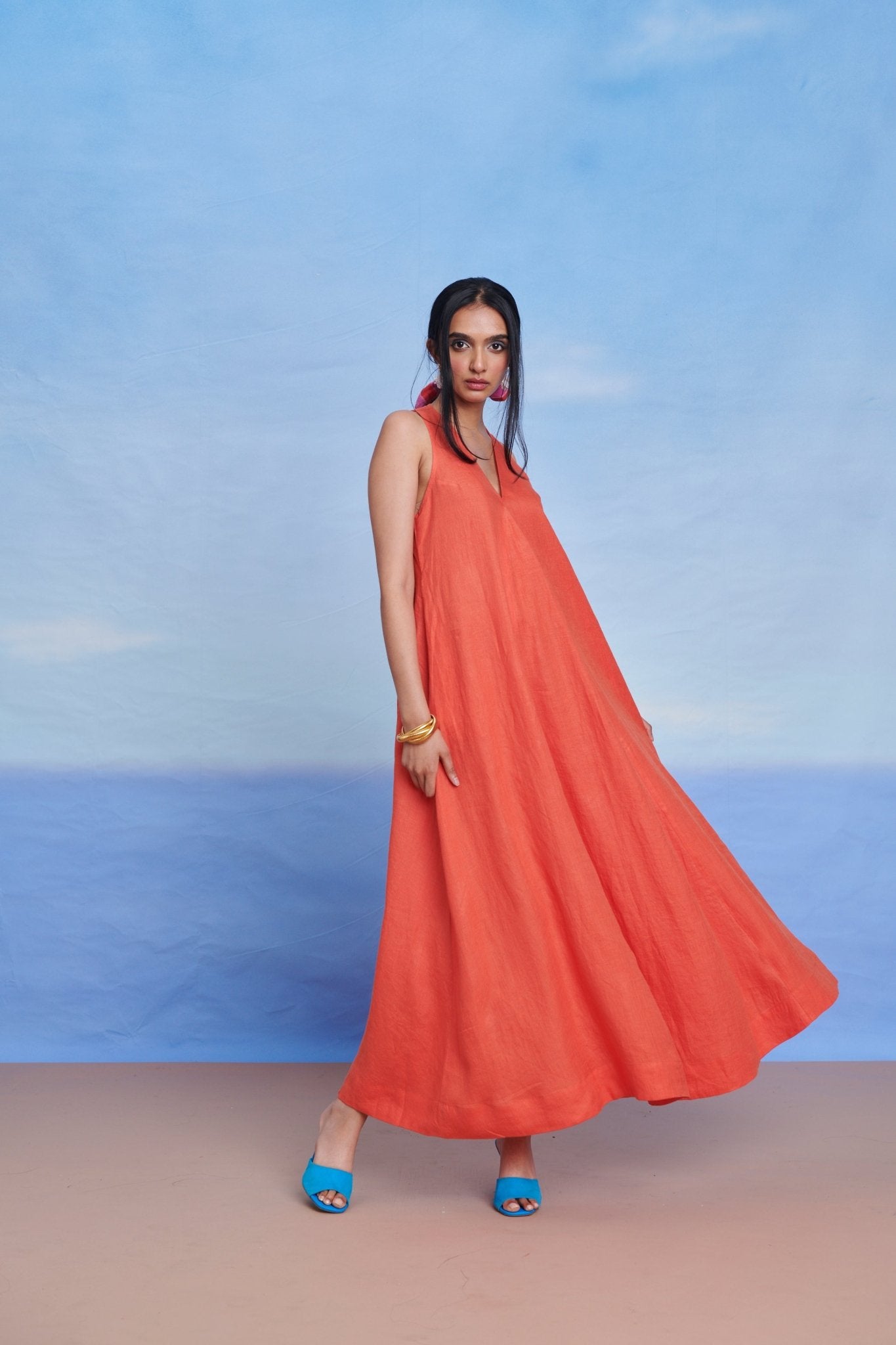 Tangerine Linen Flared Dress - CiceroniDressesSaphed