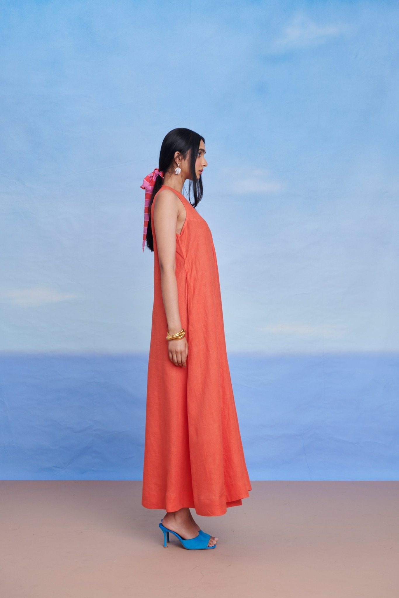 Tangerine Linen Flared Dress - CiceroniDressesSaphed