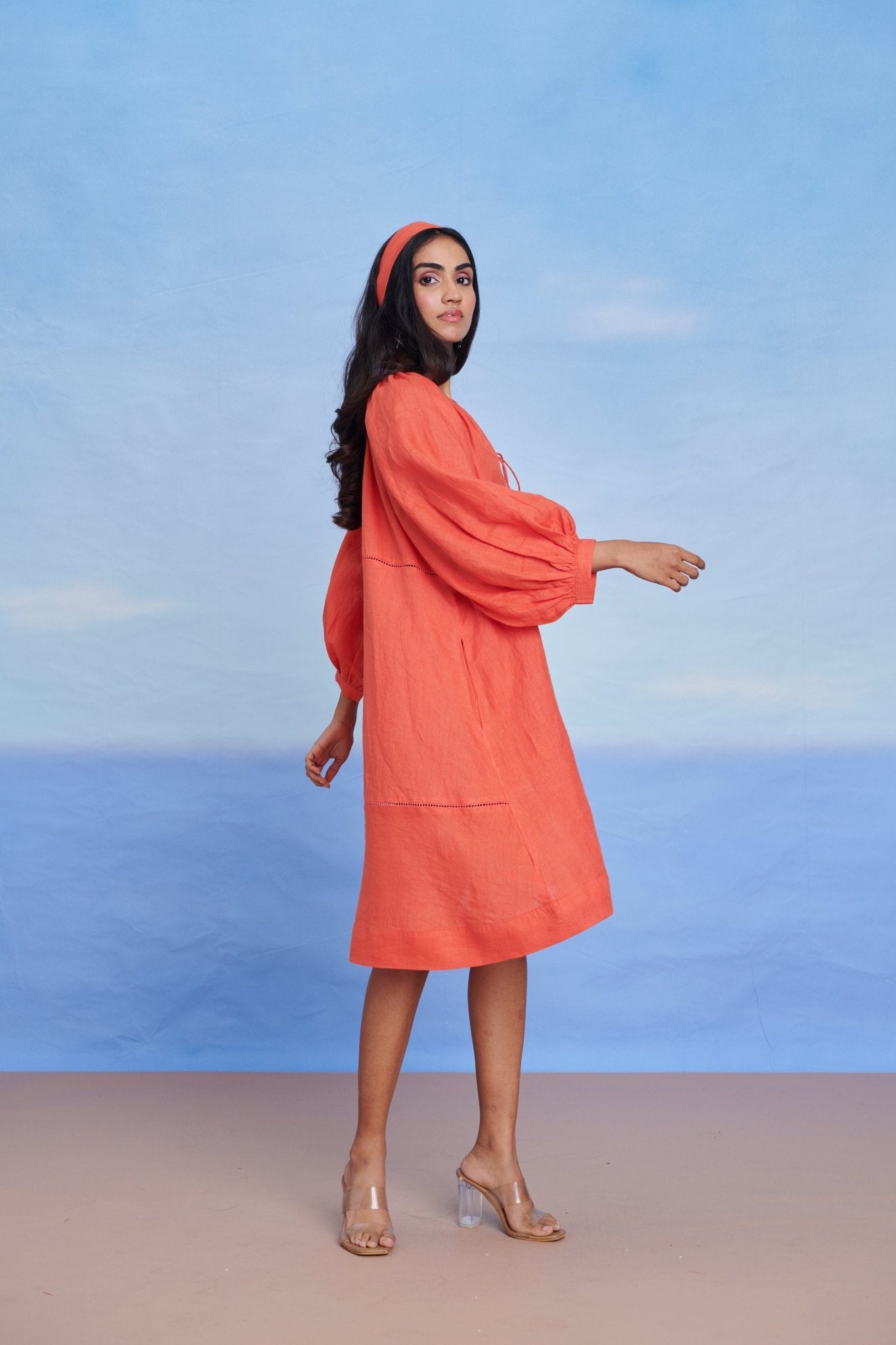 Tangerine Linen Lace Panelled Dress - CiceroniDressesSaphed