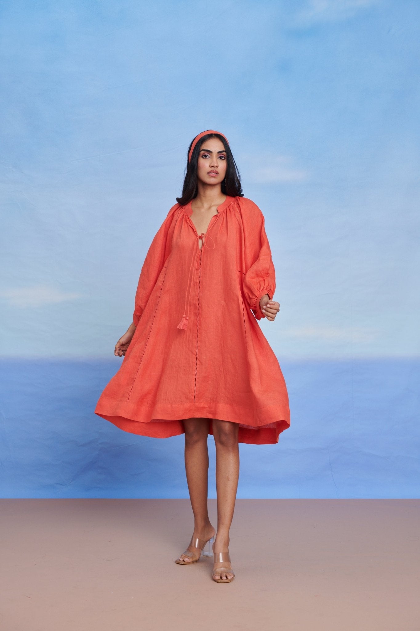 Tangerine Linen Lace Panelled Dress - CiceroniDressesSaphed