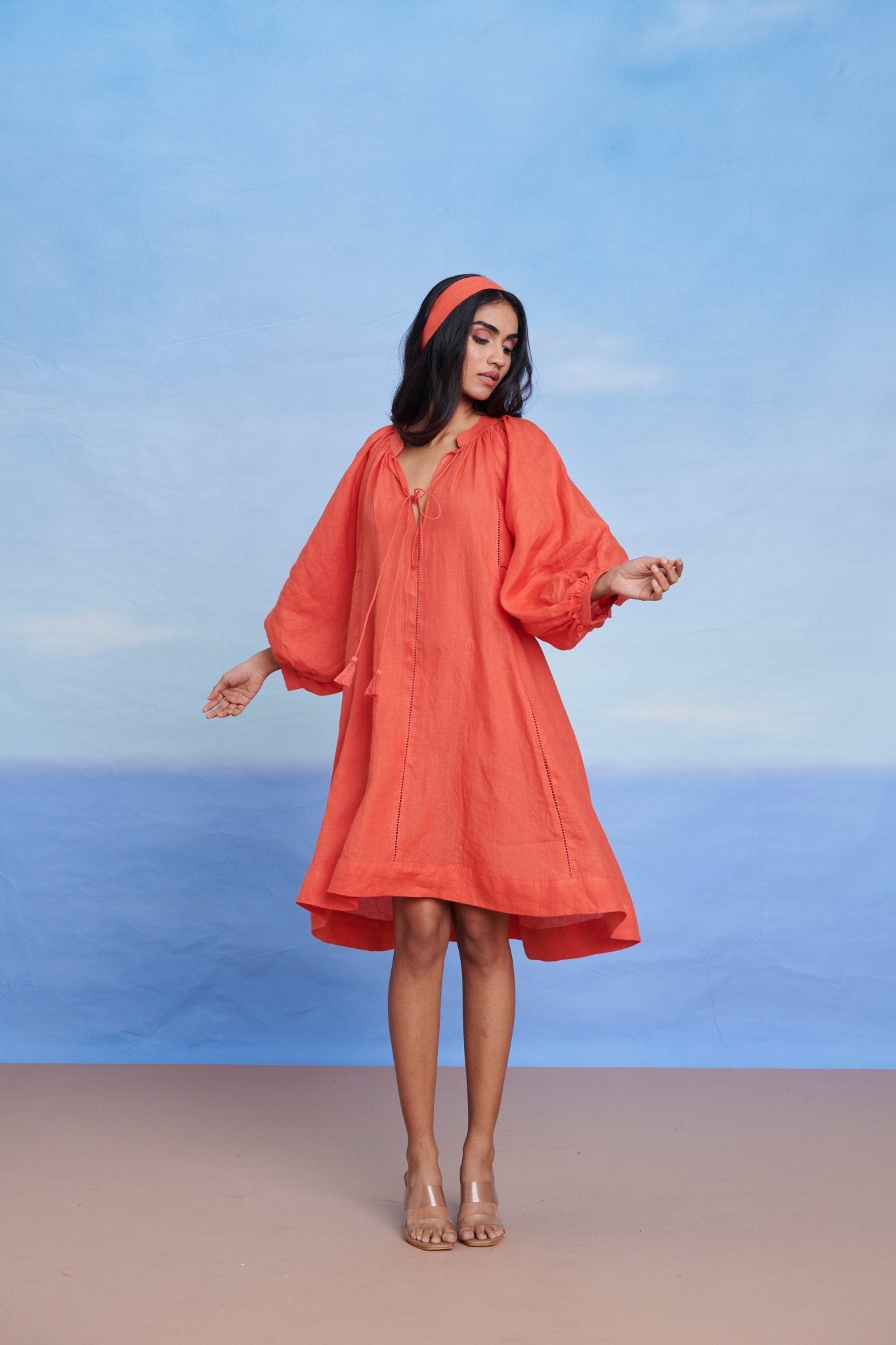 Tangerine Linen Lace Panelled Dress - CiceroniDressesSaphed