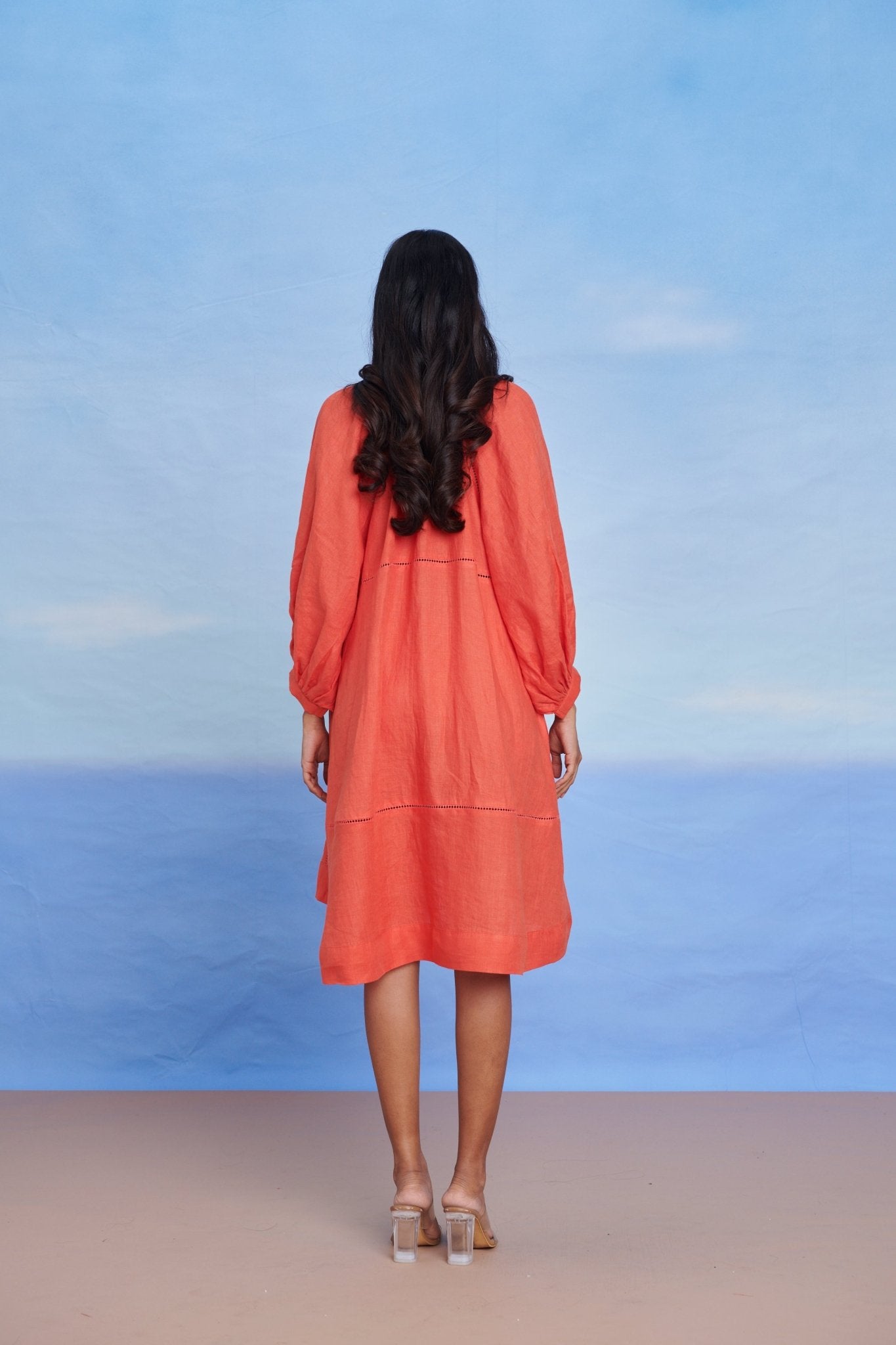 Tangerine Linen Lace Panelled Dress - CiceroniDressesSaphed