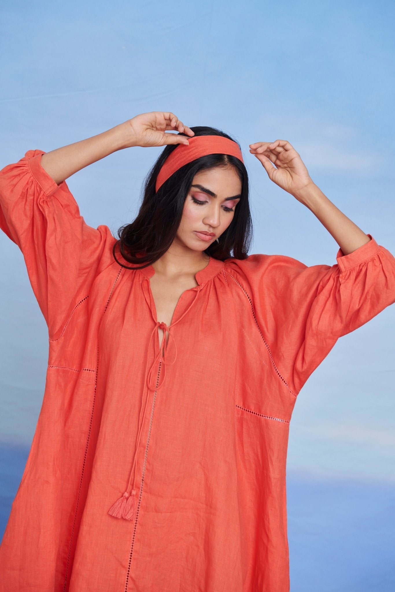 Tangerine Linen Lace Panelled Dress - CiceroniDressesSaphed