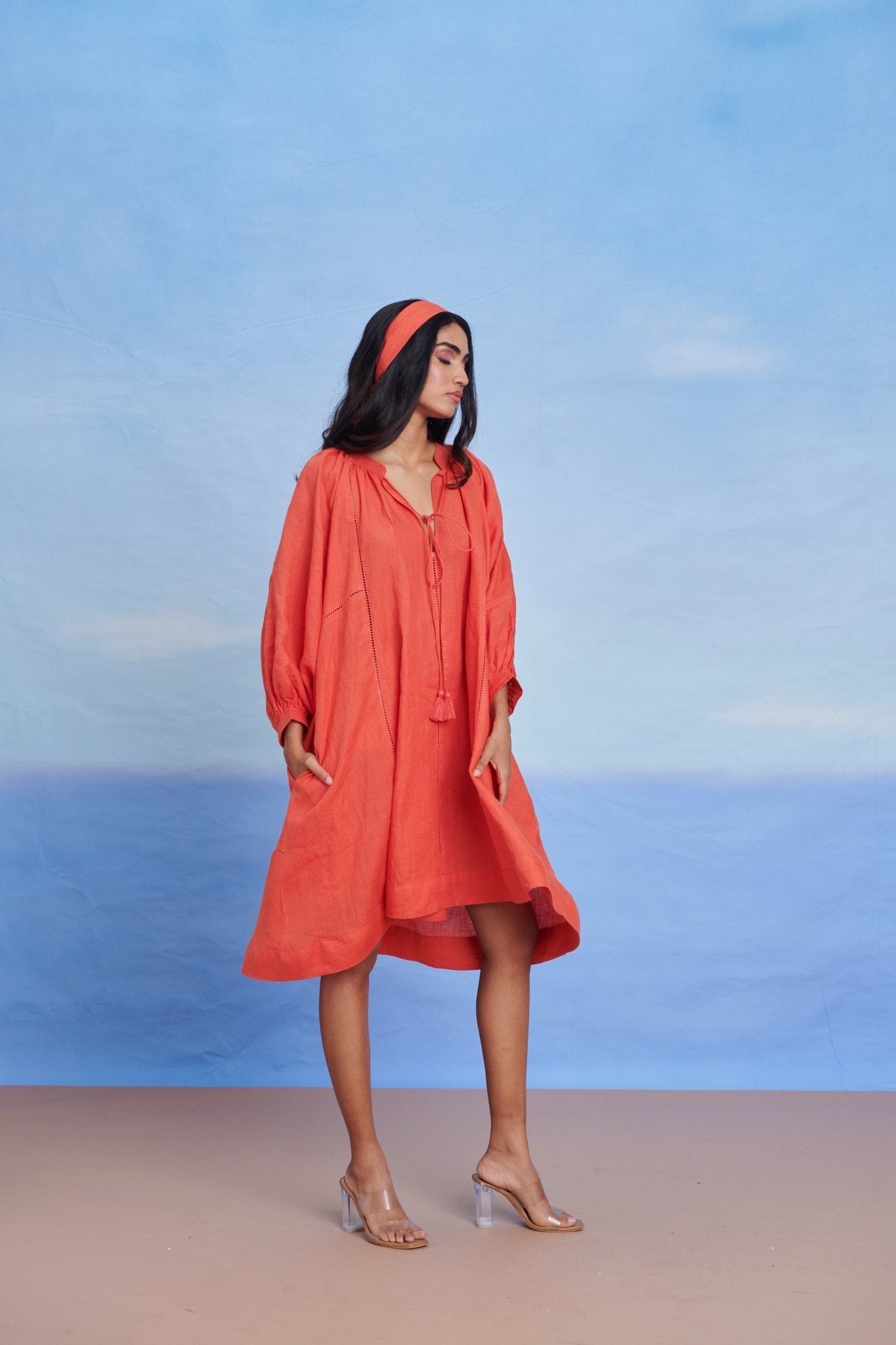 Tangerine Linen Lace Panelled Dress - CiceroniDressesSaphed