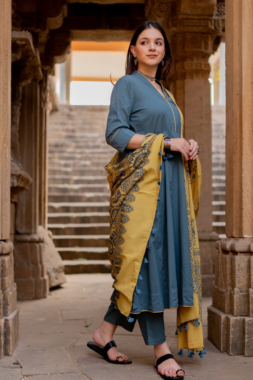 Teal Dune Kalidaar Set with Mustard Ajrakh Dupatta - CiceroniKurta Set, Everyday WearMaidaan