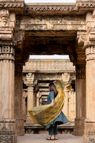 Teal Dune Kalidaar Set with Mustard Ajrakh Dupatta - CiceroniKurta Set, Everyday WearMaidaan