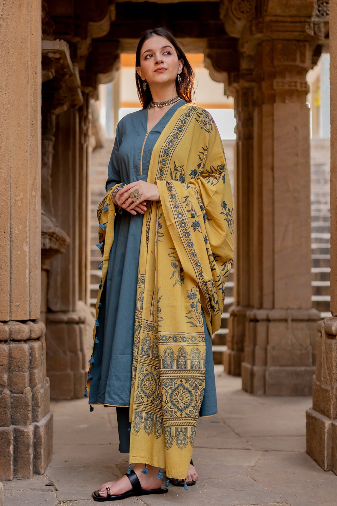 Teal Dune Kalidaar Set with Mustard Ajrakh Dupatta - CiceroniKurta Set, Everyday WearMaidaan