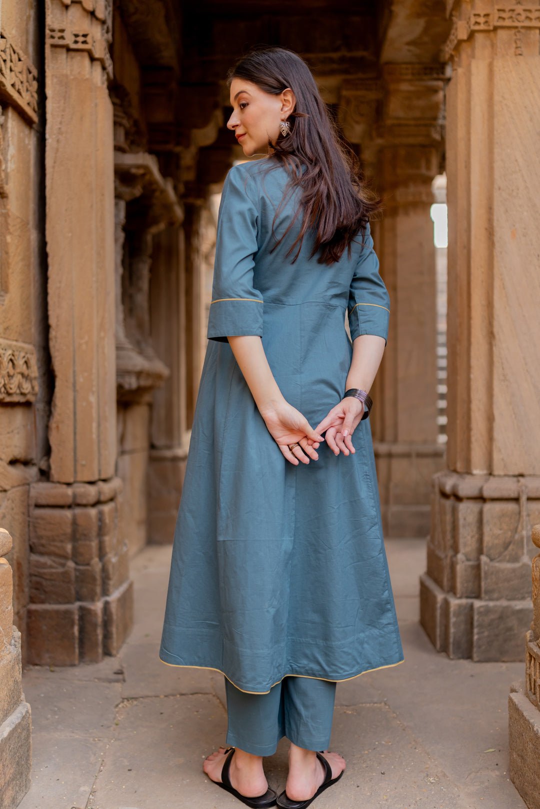 Teal Dune Kalidaar Set with Mustard Ajrakh Dupatta - CiceroniKurta Set, Everyday WearMaidaan