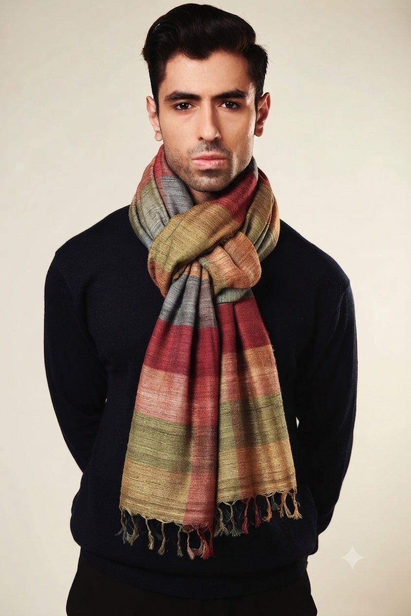 Terracotta Madras Checks Peace Silk Scarf for Men - CiceroniScarfAeshaane