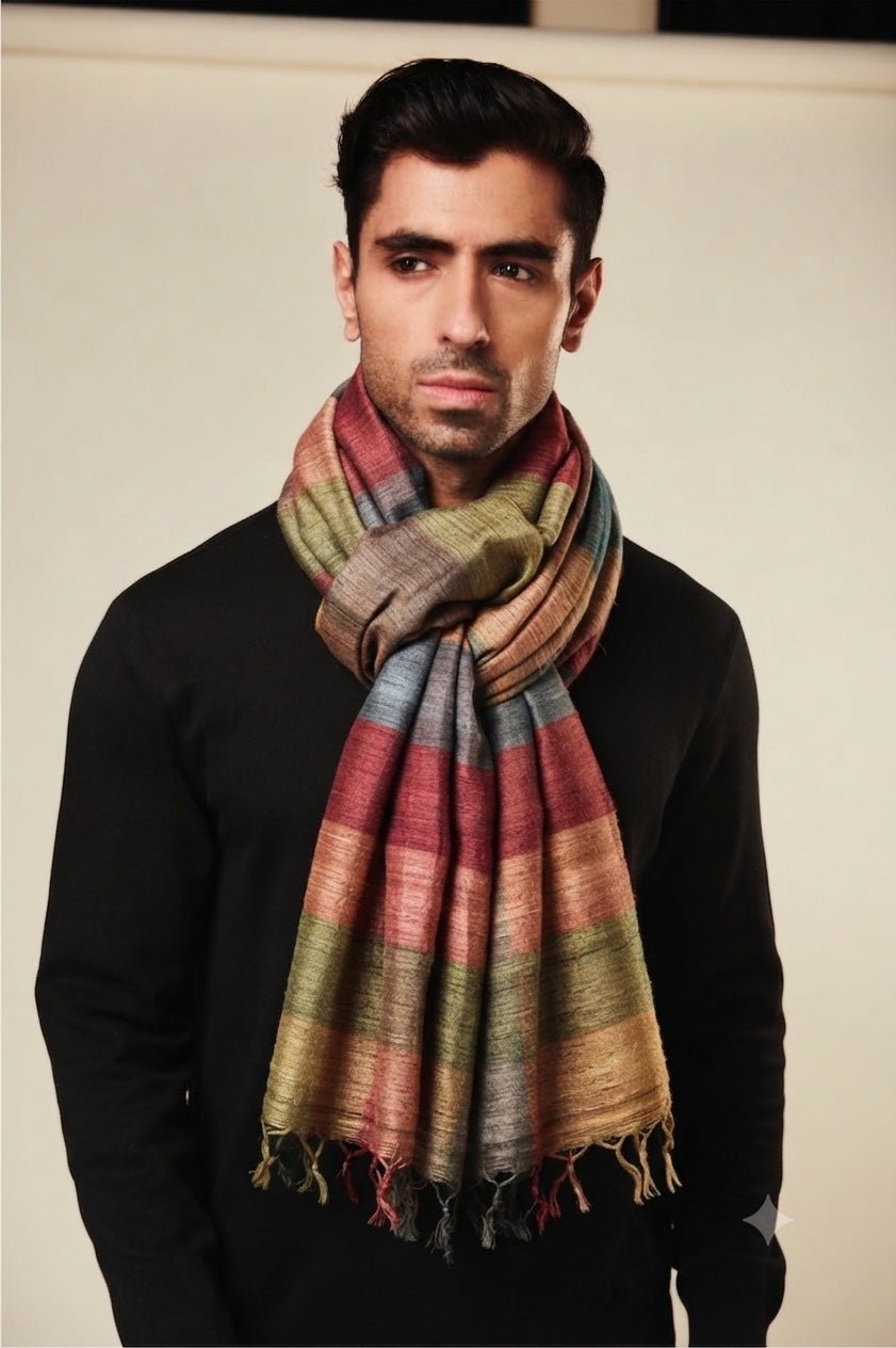 Terracotta Madras Checks Peace Silk Scarf for Men - CiceroniScarfAeshaane