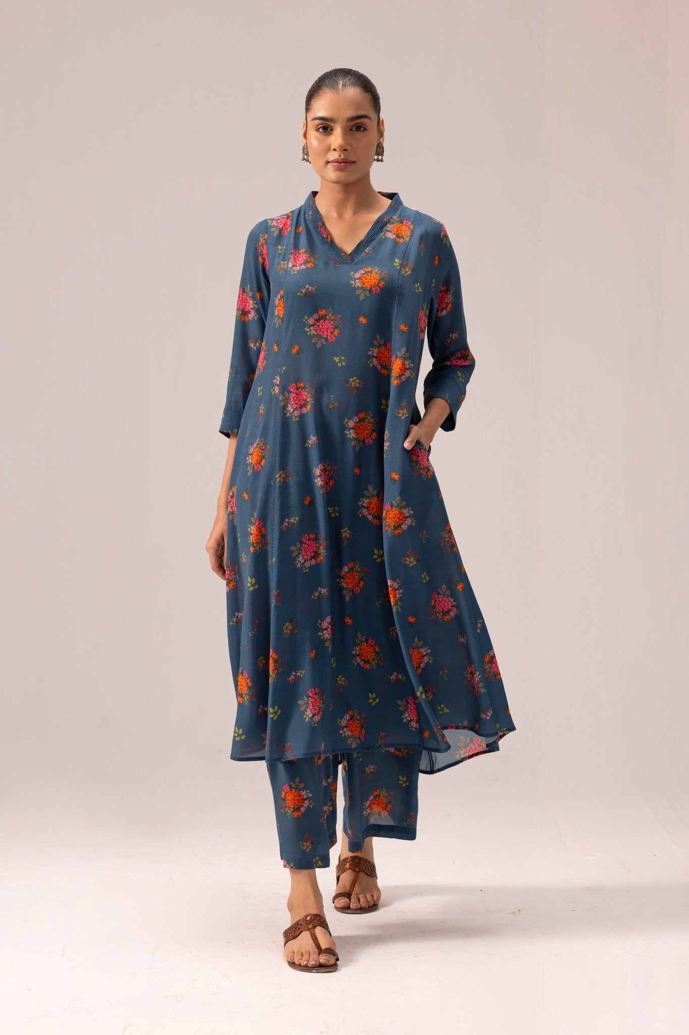 Thea Kurta Pant Set - Blue with Floral Print - CiceroniKurta Set, Everyday WearLabel Shreya Sharma