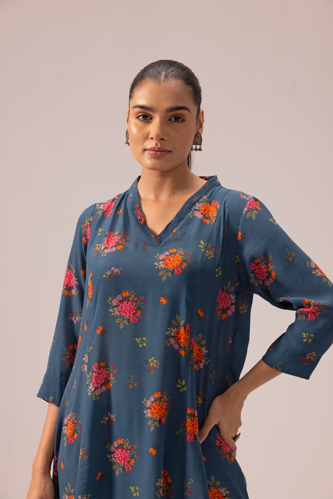 Thea Kurta Pant Set - Blue with Floral Print - CiceroniKurta Set, Everyday WearLabel Shreya Sharma