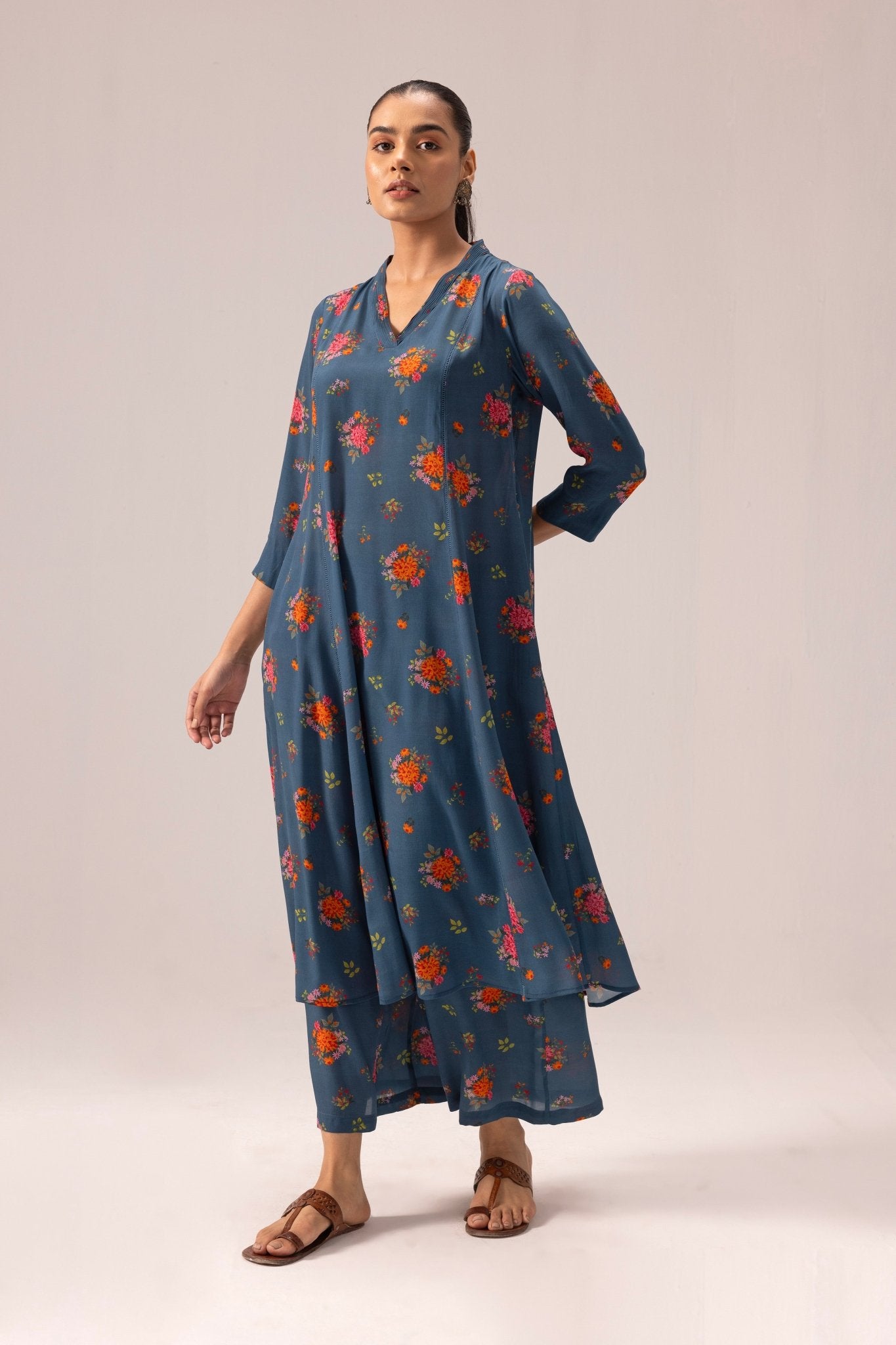 Thea Kurta Pant Set - Blue with Floral Print - CiceroniKurta Set, Everyday WearLabel Shreya Sharma