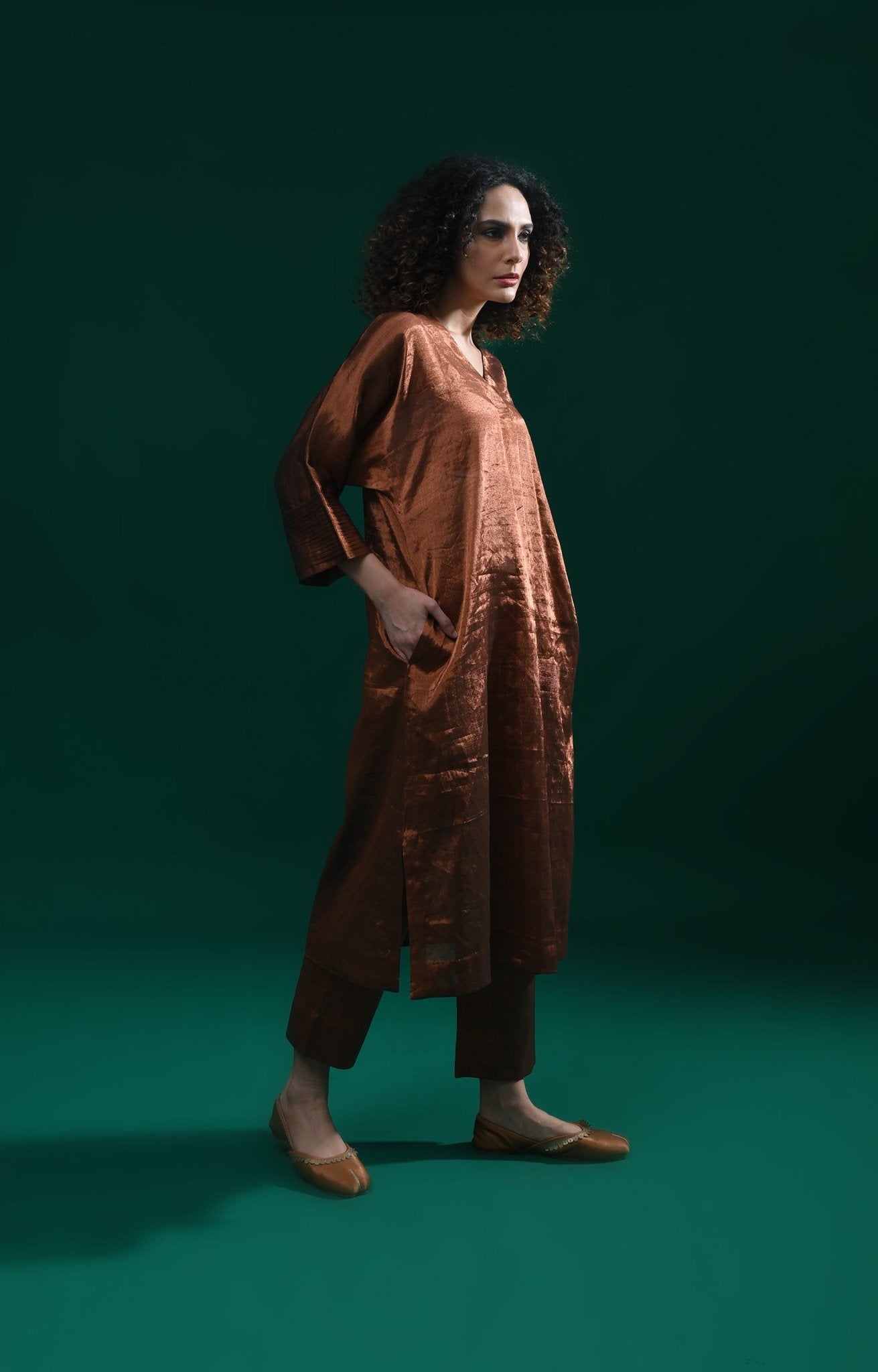 Tissue Kaftan Co - Ord with Pleated Cuff (Set of 2) - Copper - CiceroniKurta Set, Festive WearHiranya