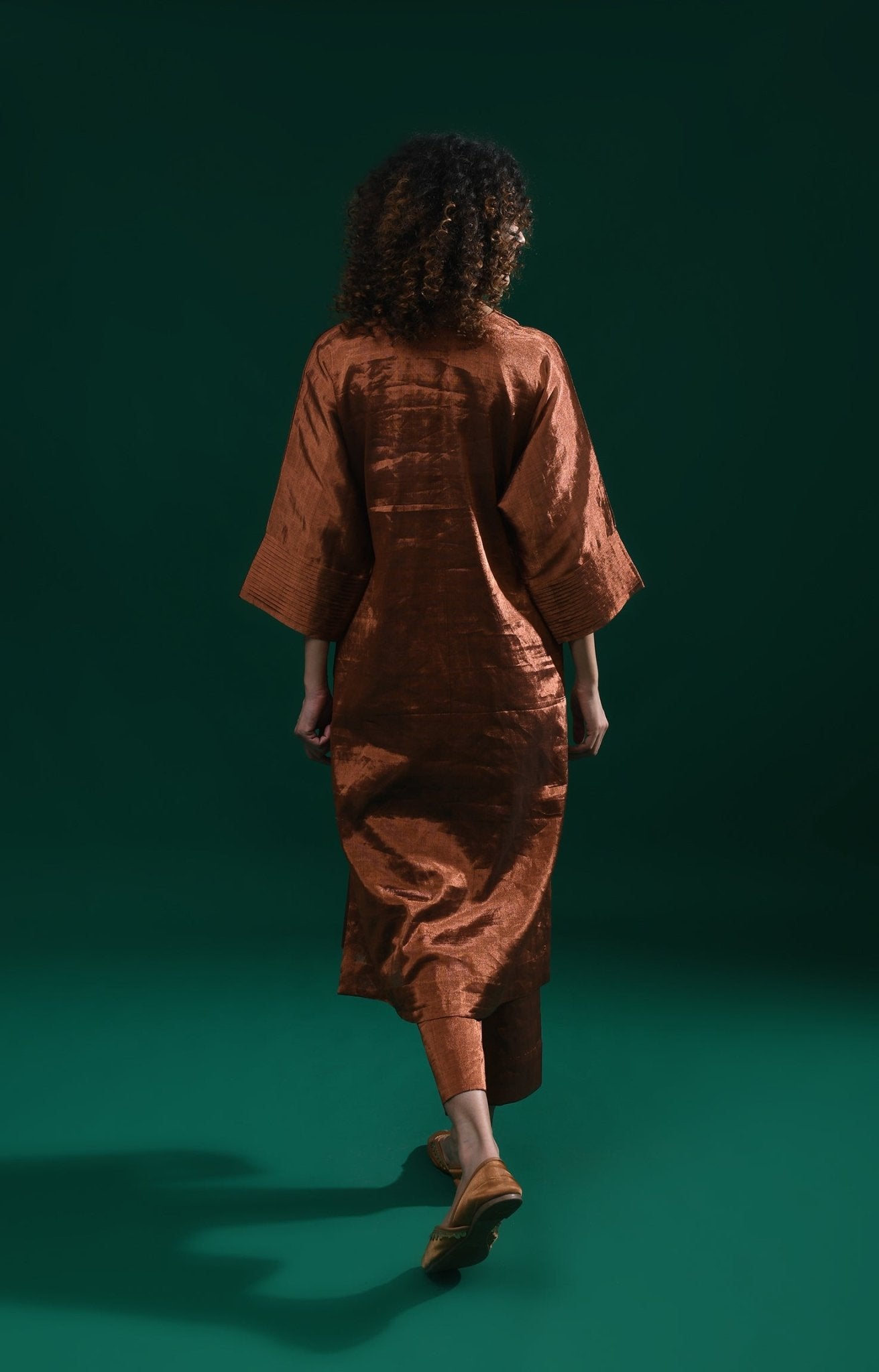 Tissue Kaftan Co - Ord with Pleated Cuff (Set of 2) - Copper - CiceroniKurta Set, Festive WearHiranya