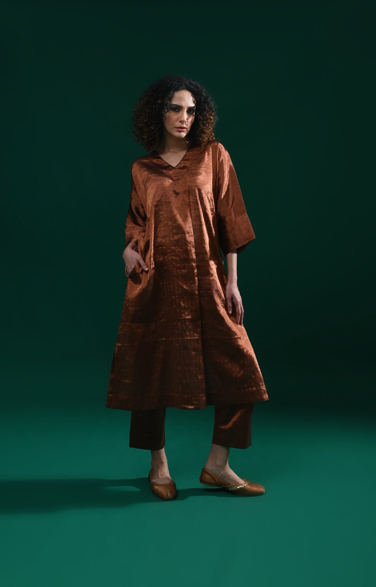 Tissue Kaftan Co - Ord with Pleated Cuff (Set of 2) - Copper - CiceroniKurta Set, Festive WearHiranya