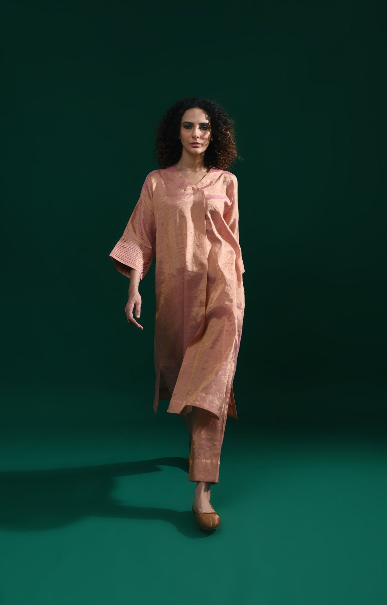 Tissue Kaftan Co - Ord with Pleated Cuff (Set of 2) - Peach - CiceroniKurta Set, Festive WearHiranya