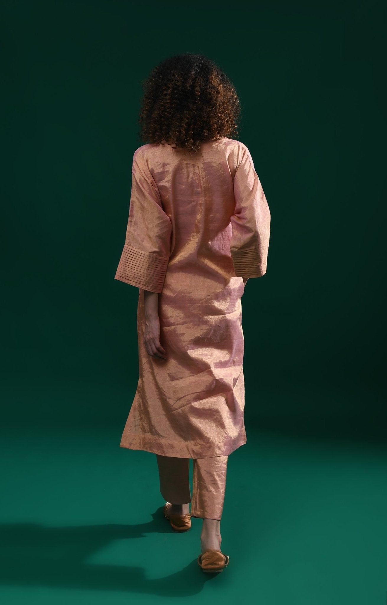 Tissue Kaftan Co - Ord with Pleated Cuff (Set of 2) - Peach - CiceroniKurta Set, Festive WearHiranya