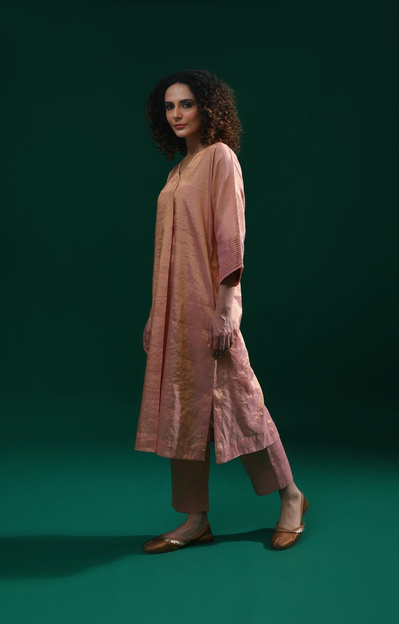 Tissue Kaftan Co - Ord with Pleated Cuff (Set of 2) - Peach - CiceroniKurta Set, Festive WearHiranya