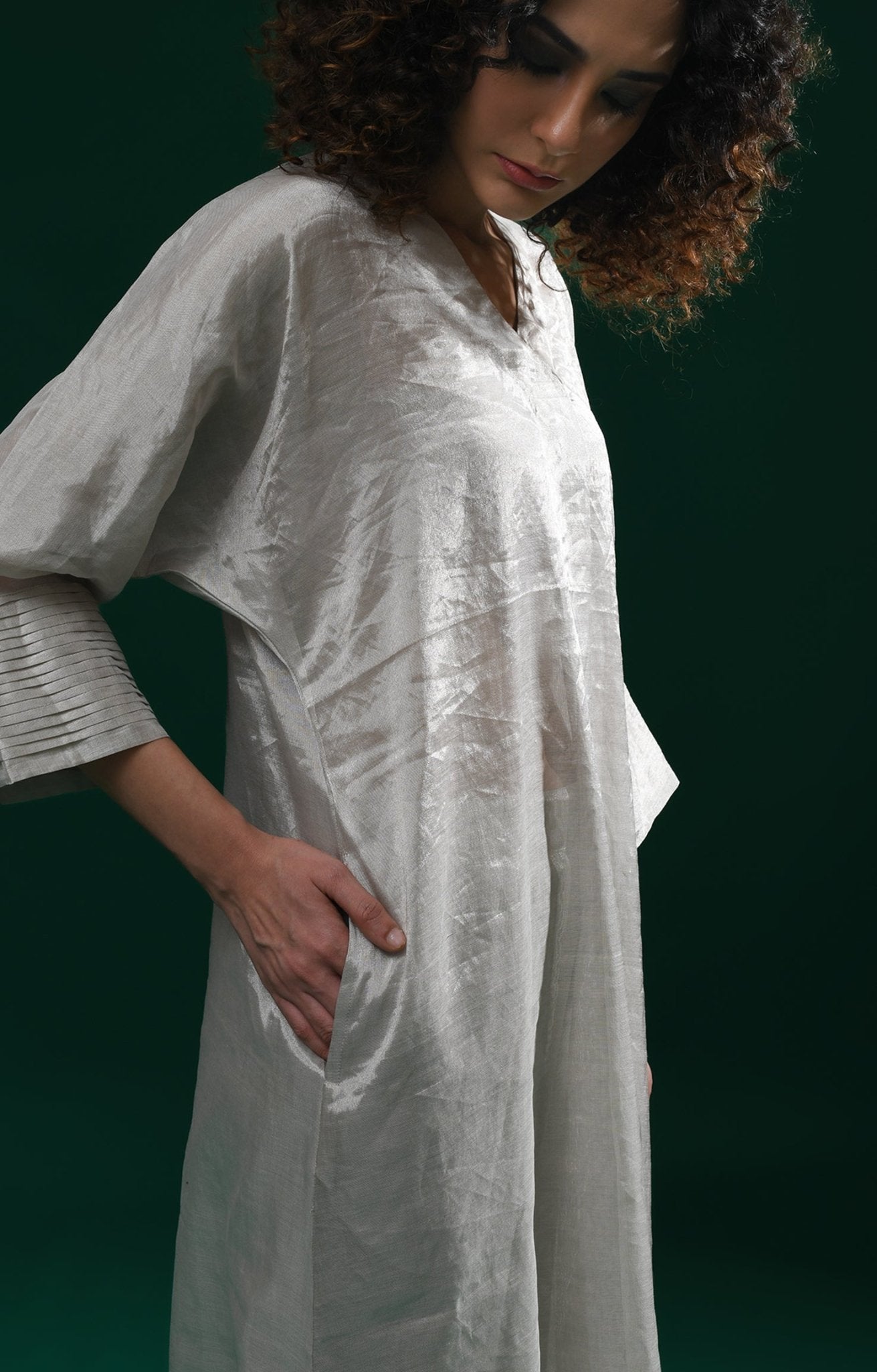 Tissue Kaftan Co - Ord with Pleated Cuff (Set of 2) - Silver - CiceroniKurta Set, Festive WearHiranya