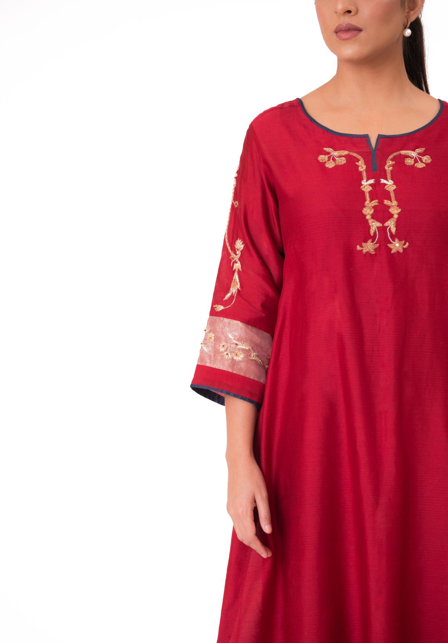 Tissue Patch Work Dupatta Kurta Set - Crimson Red - CiceroniKurta Set, Festive wearBhavik Shah