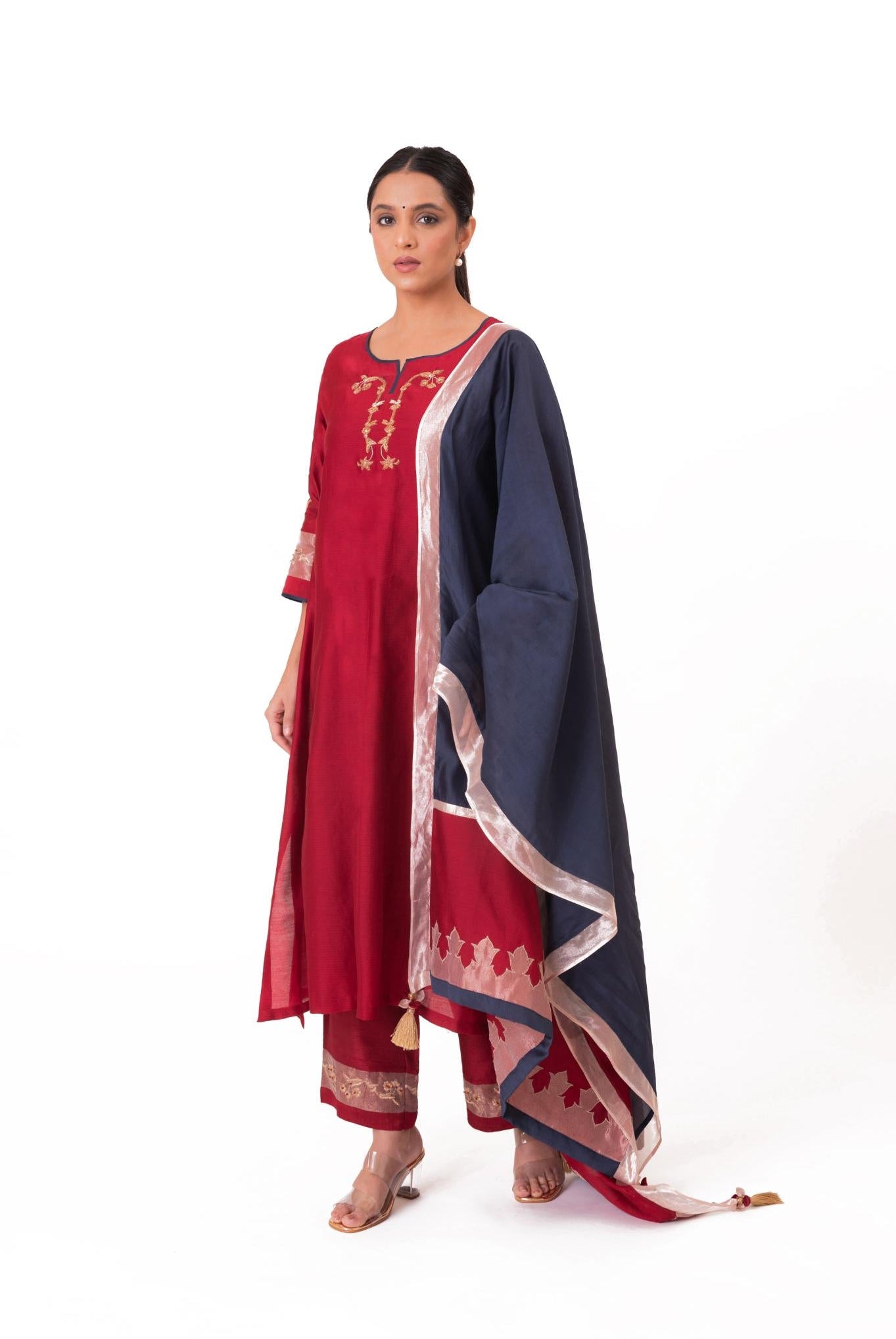 Tissue Patch Work Dupatta Kurta Set - Crimson Red - CiceroniKurta Set, Festive wearBhavik Shah